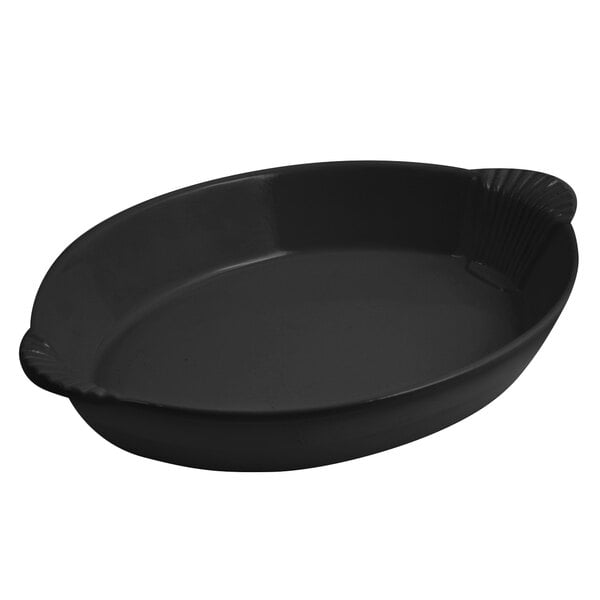 A black oval Bon Chef casserole pan with shell handles.