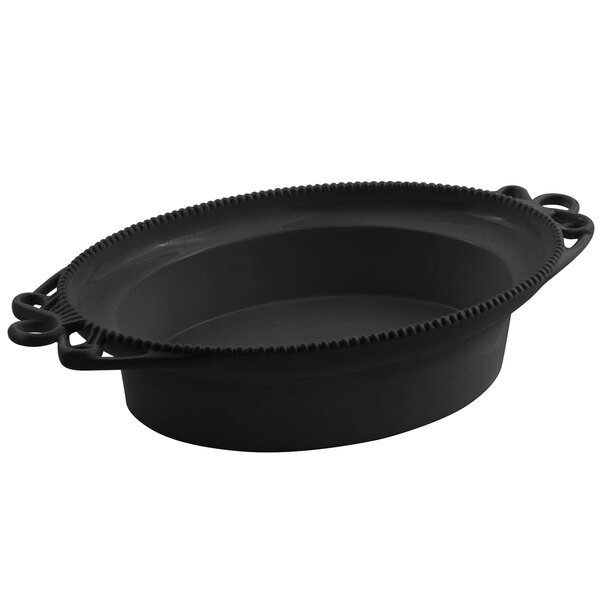 A black round Bon Chef Bolero bowl with handles.
