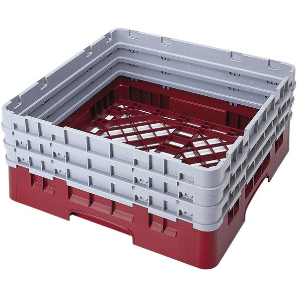 A red and grey plastic Cambro dish rack with closed sides and 3 extenders.