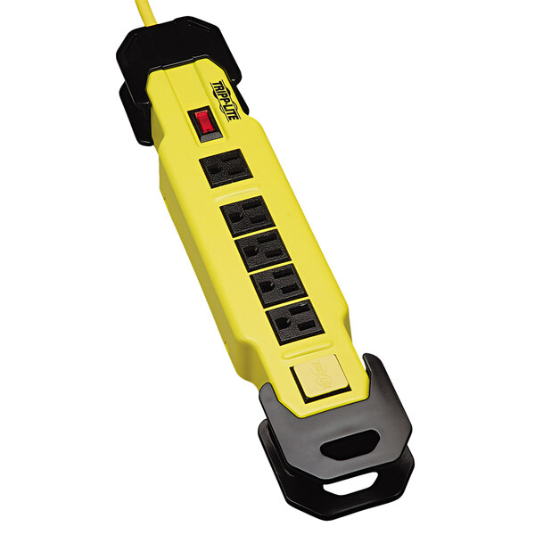A yellow power strip with black outlets and GFCI plugs.