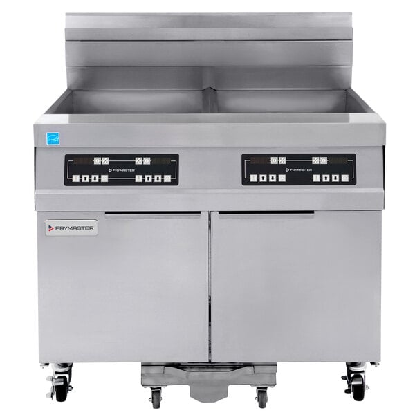 A large stainless steel Frymaster gas floor fryer with two drawers and two burners.