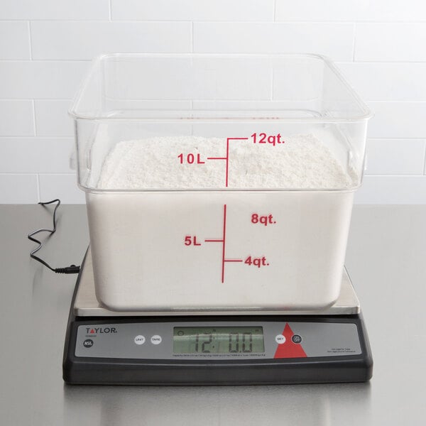 A Taylor digital portion scale with an oversized platform displaying white powder on a counter.