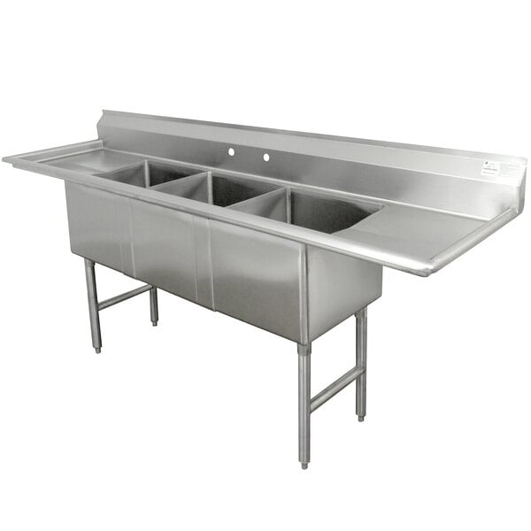 An Advance Tabco stainless steel sink with three compartments.