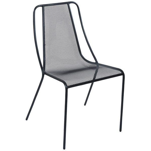 A BFM Seating Kingston black stackable steel side chair with mesh back.
