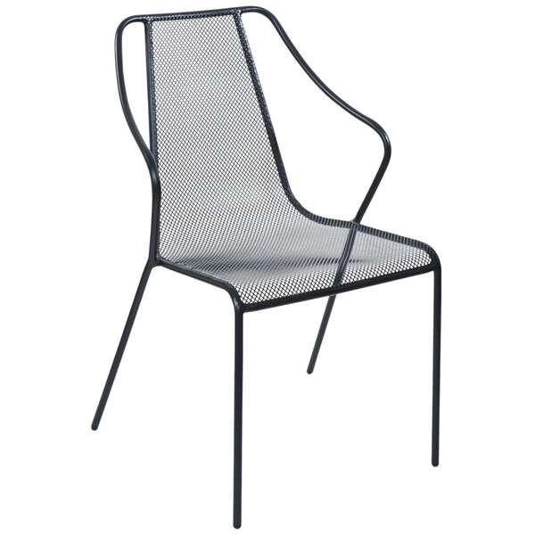 A BFM Seating Kingston black steel armchair with mesh back and armrests.