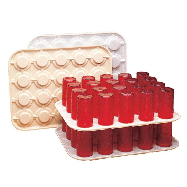 A beige Cambro glass stacker holding red and white glasses on a white tray.