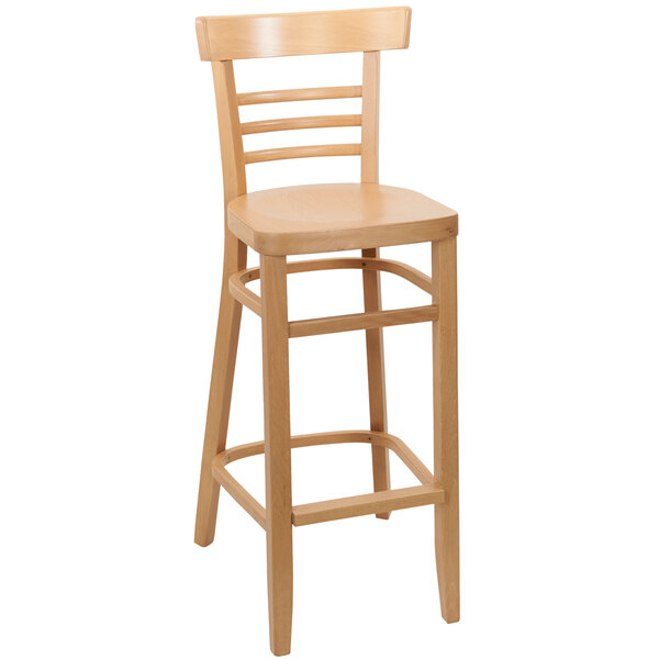 A BFM Seating natural beechwood bar height chair with a backrest.