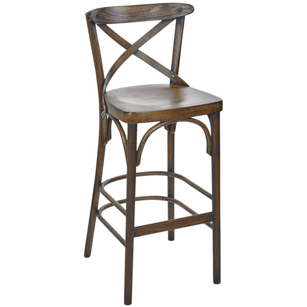 A BFM Seating Sofia beechwood bar stool with a curved back.