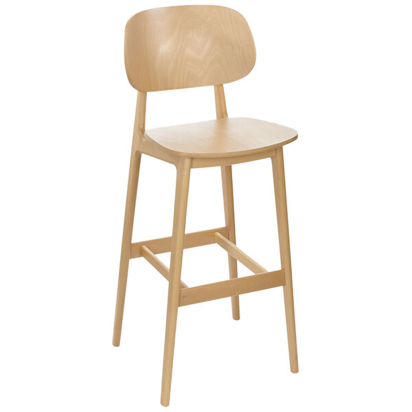 A BFM Seating Emma natural beechwood restaurant bar stool with a seat and back.