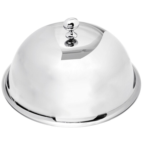 A stainless steel dome plate cover with a metal handle.