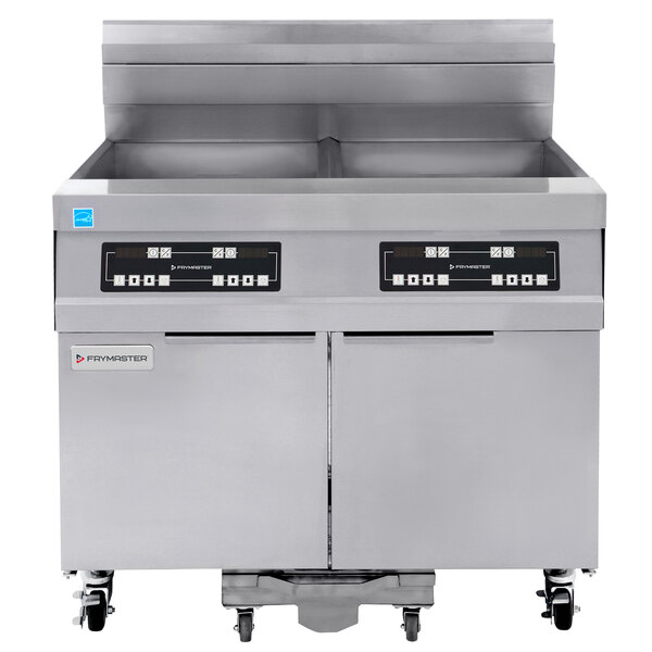 A large stainless steel Frymaster gas floor fryer with two drawers.