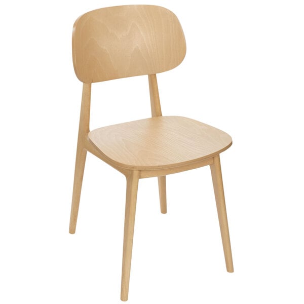 A BFM Seating Emma natural beechwood side chair with a wooden back and seat.