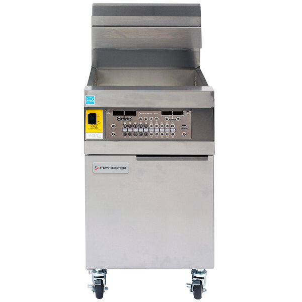 A Frymaster Decathlon gas floor fryer with a stainless steel top.