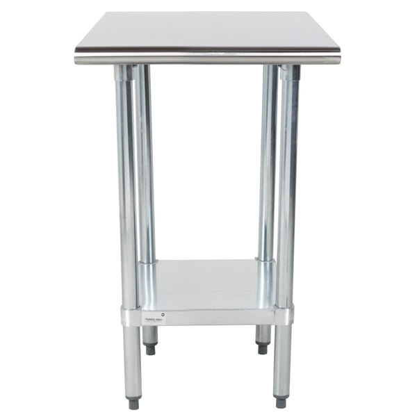 A stainless steel table with a galvanized metal undershelf.