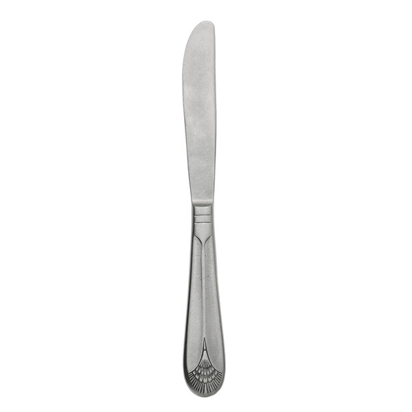 A Libbey stainless steel dessert knife with a design on the handle.