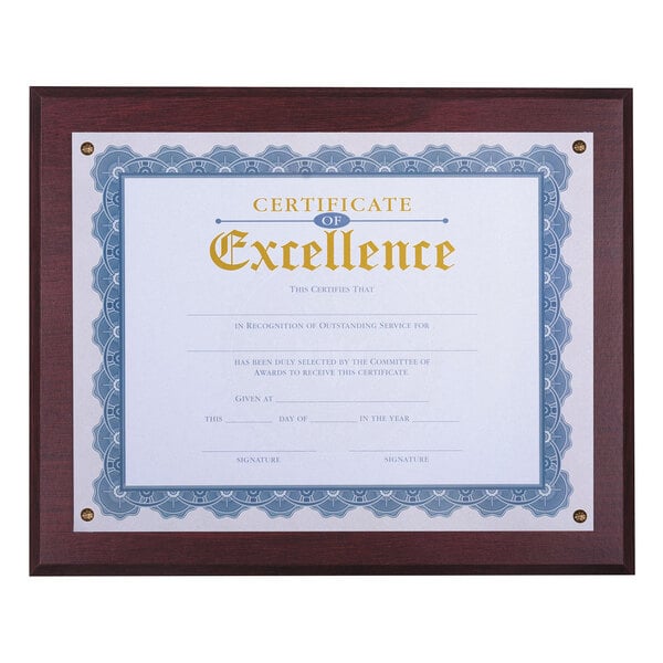 A certificate of excellence in a mahogany wood frame.