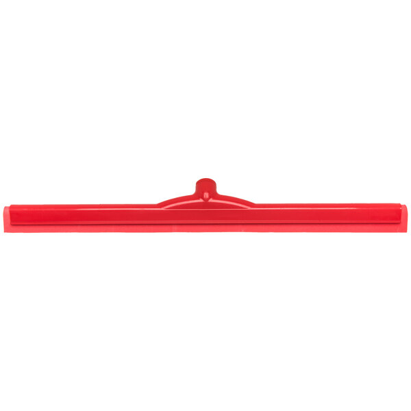 A Carlisle red plastic floor squeegee with a red handle.