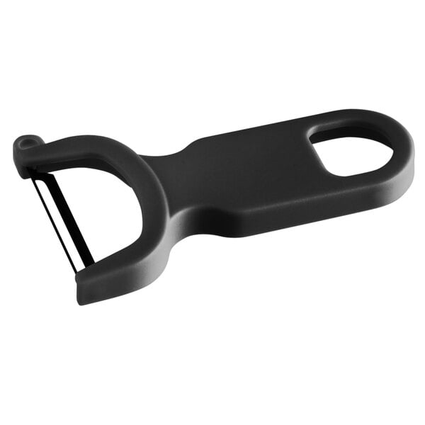 A black Mercer Culinary vegetable peeler with a plastic handle.