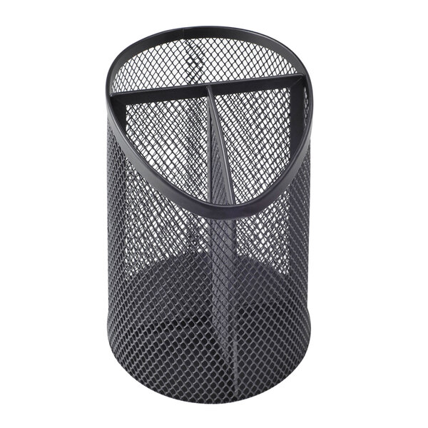 A black metal mesh pencil cup with 3 compartments.