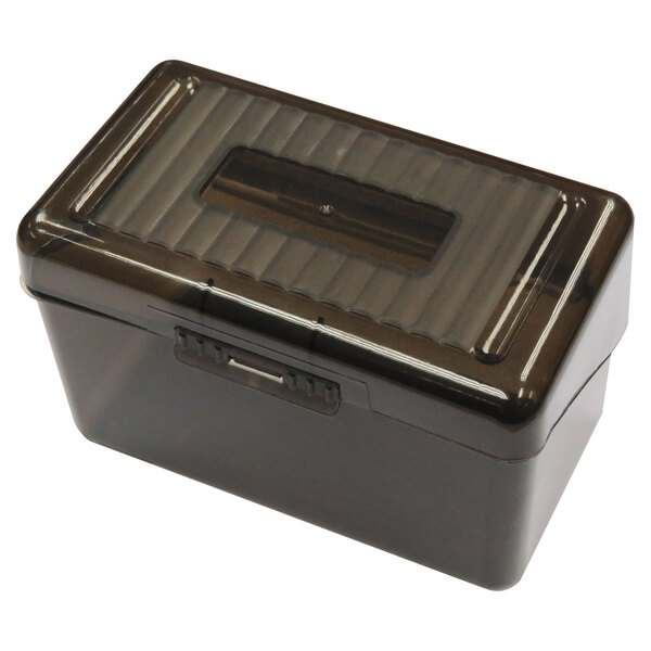 A Universal black translucent plastic index card box with a lid.