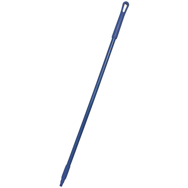 A blue threaded fiberglass handle with a hole.