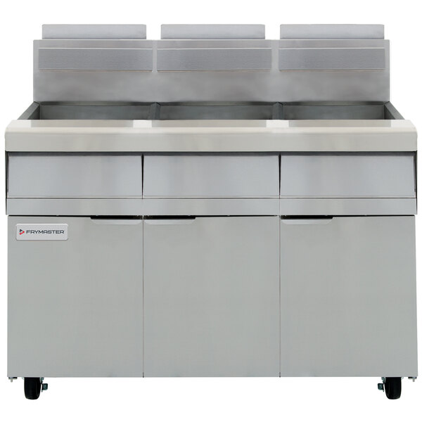 A white rectangular Frymaster gas fryer with three drawers.