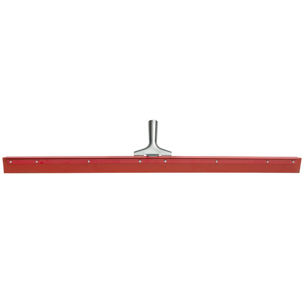 A Carlisle red and silver heavy-duty floor squeegee with a metal handle.