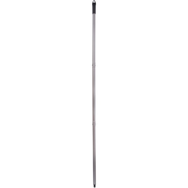 A white metal pole with a black handle.