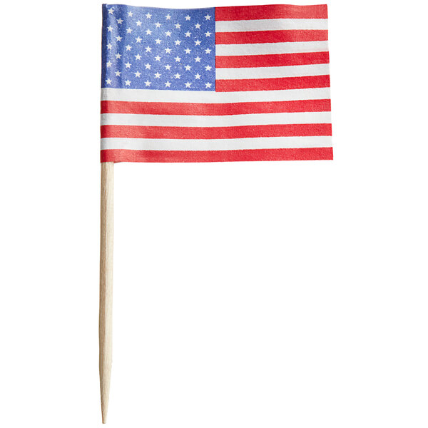 A Royal Paper American flag food pick with a small American flag on a toothpick.