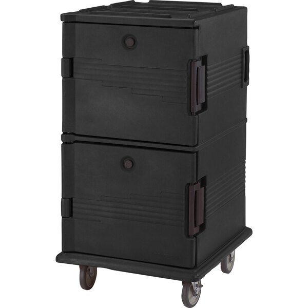 A black plastic Cambro food pan carrier with heavy-duty casters.