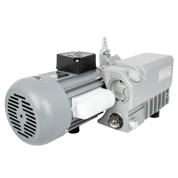 A grey electric pump and motor with a white background.