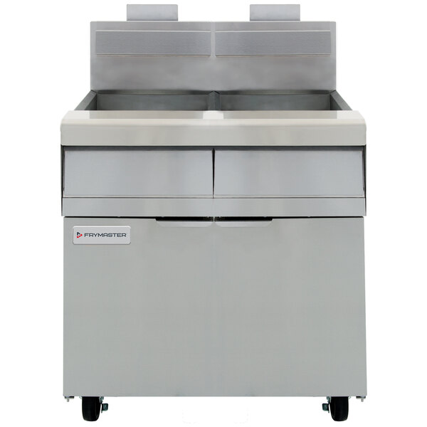 A large stainless steel Frymaster gas fryer with two drawers.
