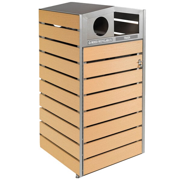 A rectangular wooden Commercial Zone WoodView waste and recycling container with a dome lid.