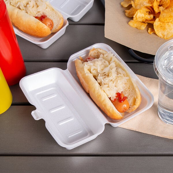 A Dart white foam hinged lid hot dog container with a hot dog, chips, sauerkraut, and ketchup.