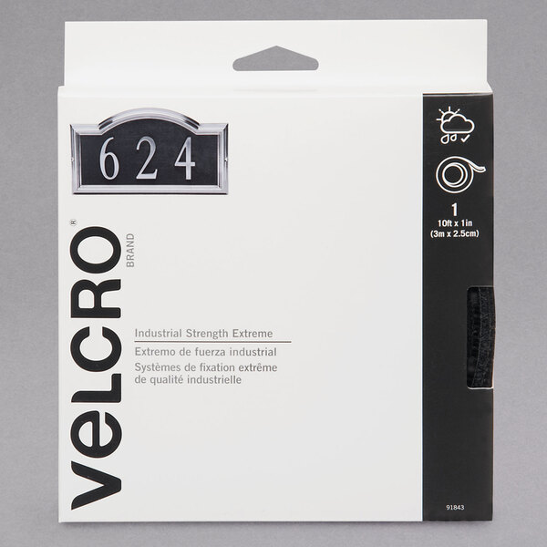 A white box with black text and numbers reading "Velcro® 91843 Extreme 1" x 10' Black Hook and Loop Fastener Tape Roll"