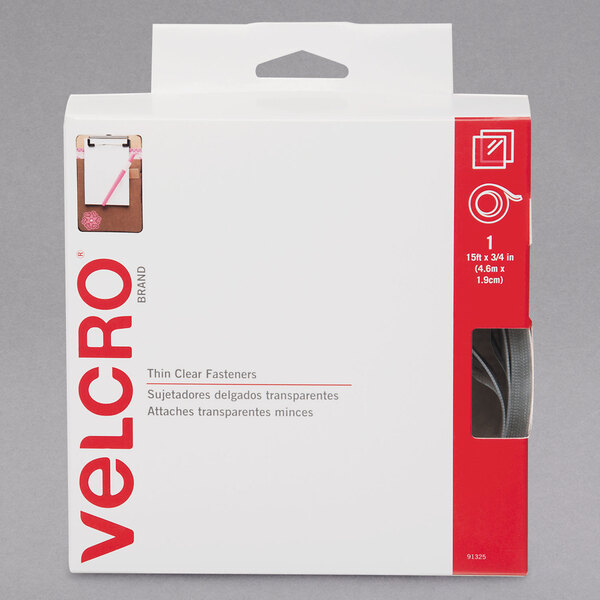 A white box with red text for "Velcro® 91325" clear tape.