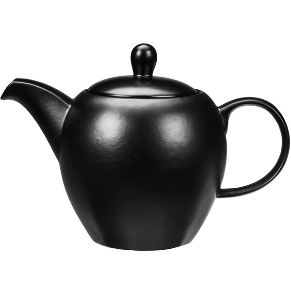A black Libbey Driftstone porcelain teapot with a lid.