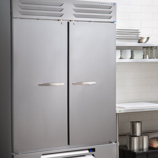 A Beverage-Air Vista reach-in freezer with a silver handle.