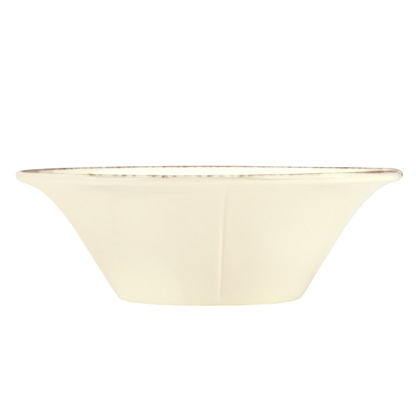 A white bowl with a brown border.