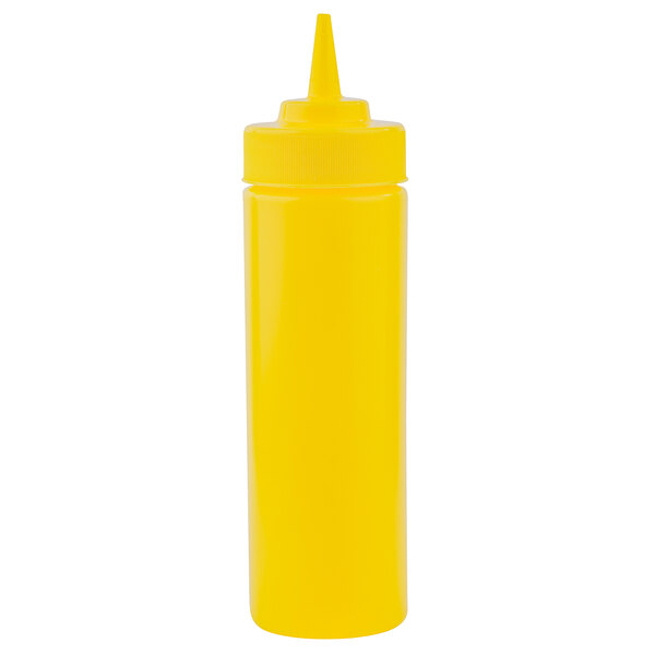 A yellow Tablecraft WideMouth Cone Tip Squeeze Bottle with a small cap.