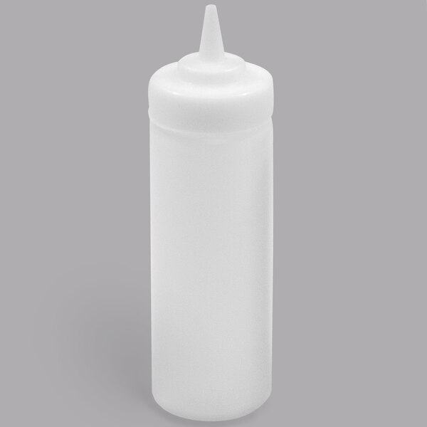 A clear plastic Tablecraft squeeze bottle with a wide cone tip.