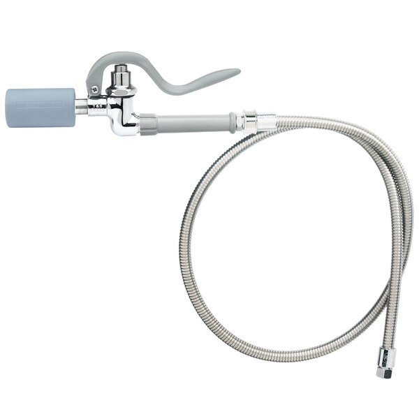 A T&S stainless steel flex hose with a swivel and low flow spray valve attached.