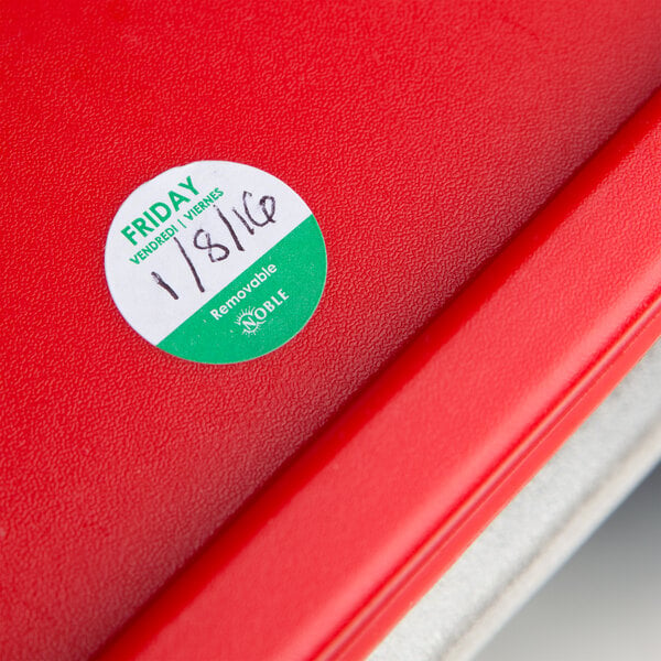 A red Noble Products Friday food labeling sticker on a red box.