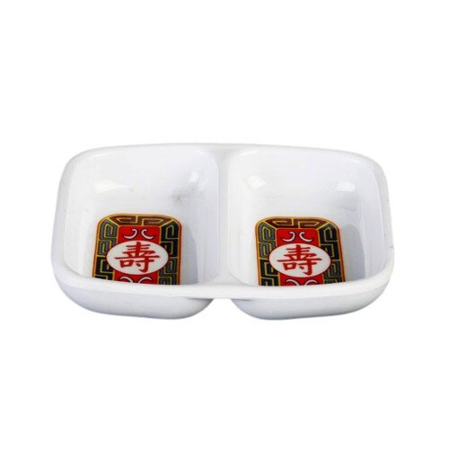 Two white rectangular Thunder Group Longevity sauce dishes with red and black Chinese characters.