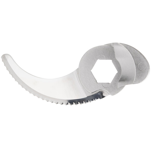 A Robot Coupe coarse serrated edge blade with a metal handle and blade.