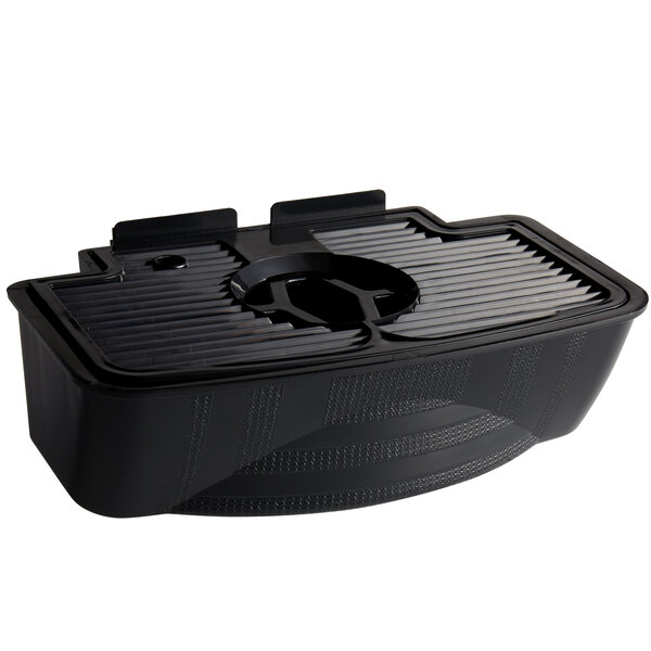 A black plastic Narvon drip tray for a refrigerated beverage dispenser with a hole in the bottom.