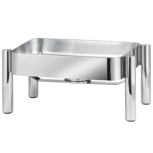 An Eastern Tabletop stainless steel rectangular chafer stand with legs.