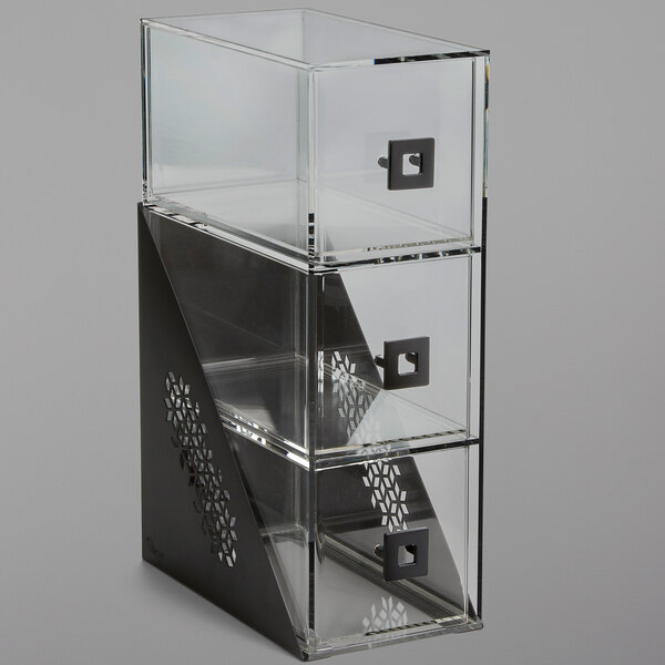 A black metal framed glass bakery display case with three shelves.