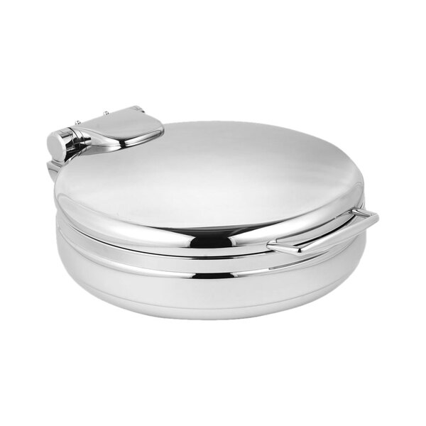 A stainless steel round Eastern Tabletop chafer with a hinged lid.