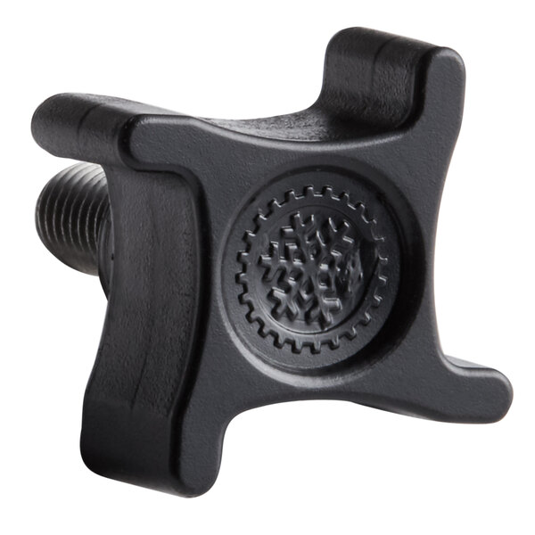 A black plastic bowl lock thumbscrew knob with a circle in the center.
